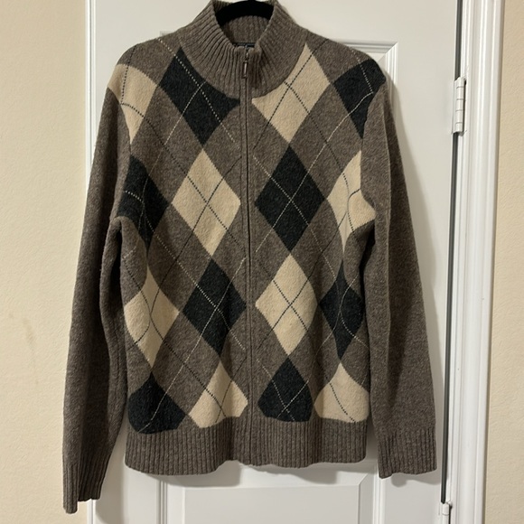 Mens J.Crew 100% Lambs Wool Argyle Elbow Patch Zip-up Cardigan Fisherman Sweater - Picture 3 of 5